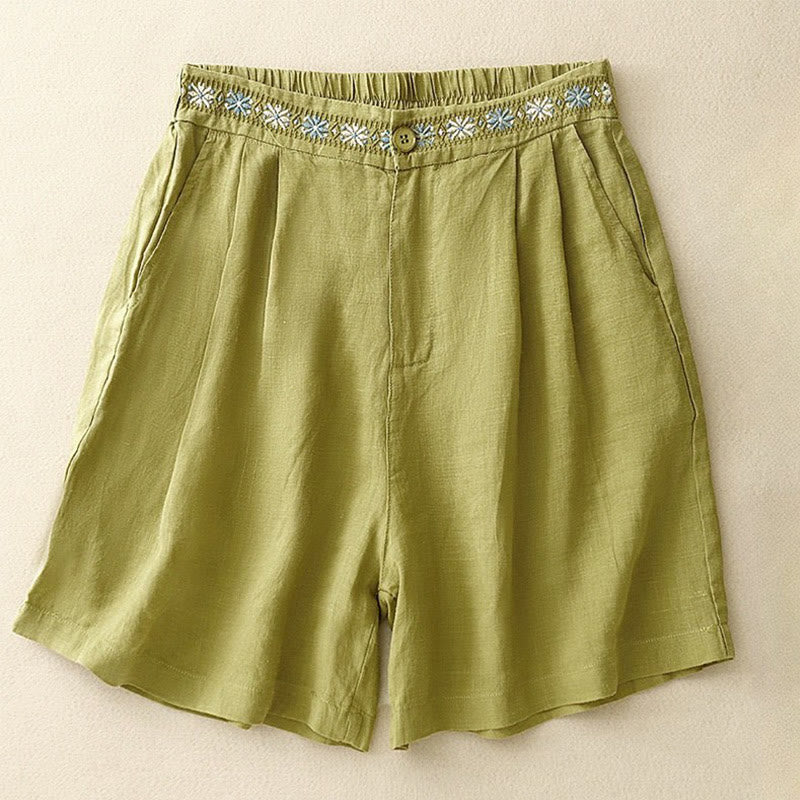 Pantalones cortos de lino y algodón con bolsillos para mujer, informales , de verano, con bordado floral, plisados, con cremallera y botones