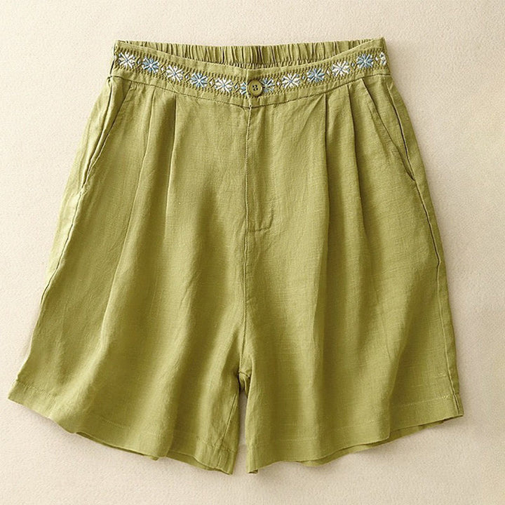 Pantalones cortos de lino y algodón con bolsillos para mujer, informales , de verano, con bordado floral, plisados, con cremallera y botones