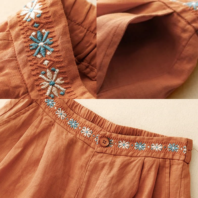 Pantalones cortos de lino y algodón con bolsillos para mujer, informales , de verano, con bordado floral, plisados, con cremallera y botones