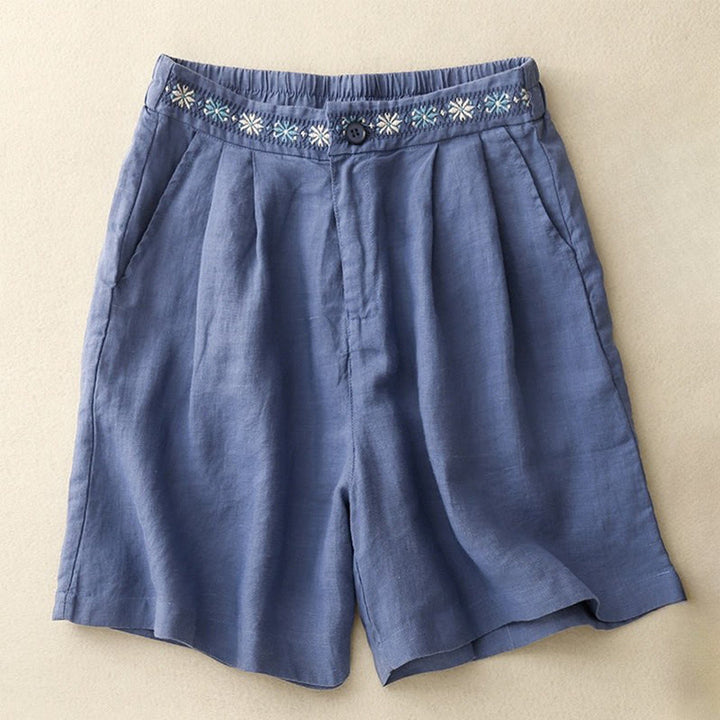 Pantalones cortos de lino y algodón con bolsillos para mujer, informales , de verano, con bordado floral, plisados, con cremallera y botones