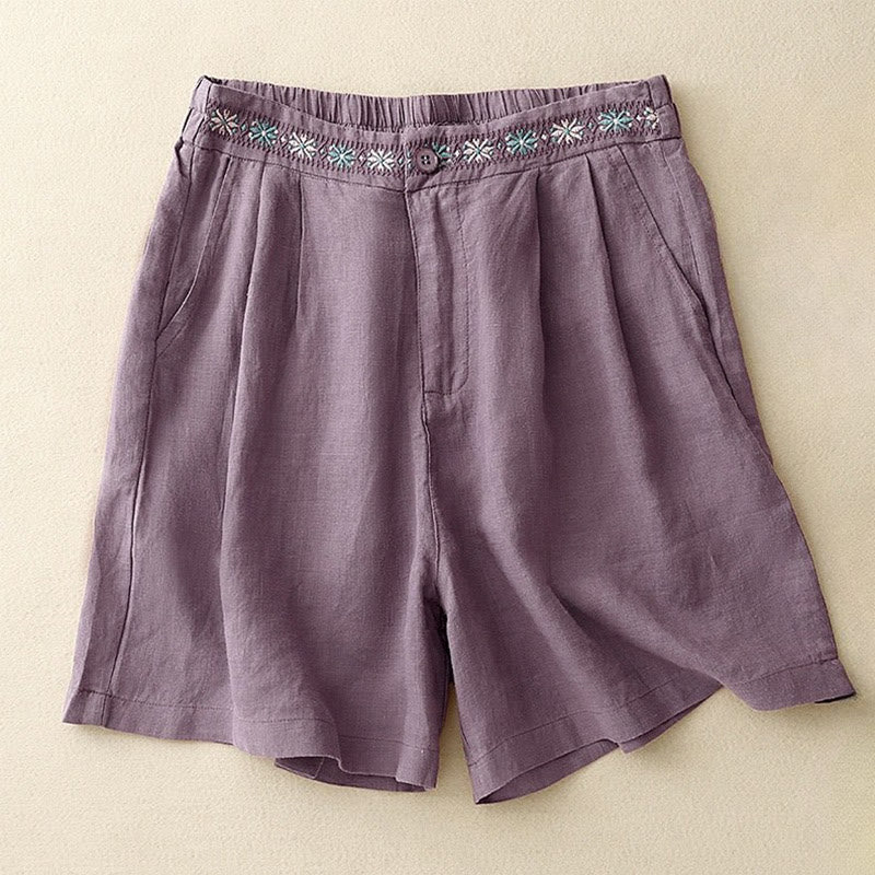 Pantalones cortos de lino y algodón con bolsillos para mujer, informales , de verano, con bordado floral, plisados, con cremallera y botones - Morado medio - US8-10，UK/AU12-14，EU40-42 (2XL) - image 8