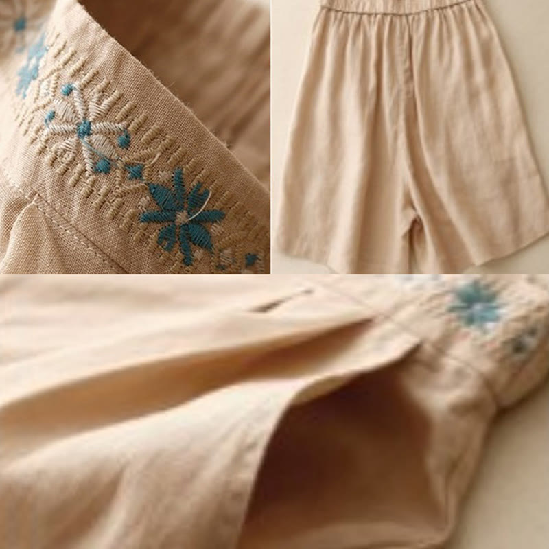 Pantalones cortos de lino y algodón con bolsillos para mujer, informales , de verano, con bordado floral, plisados, con cremallera y botones