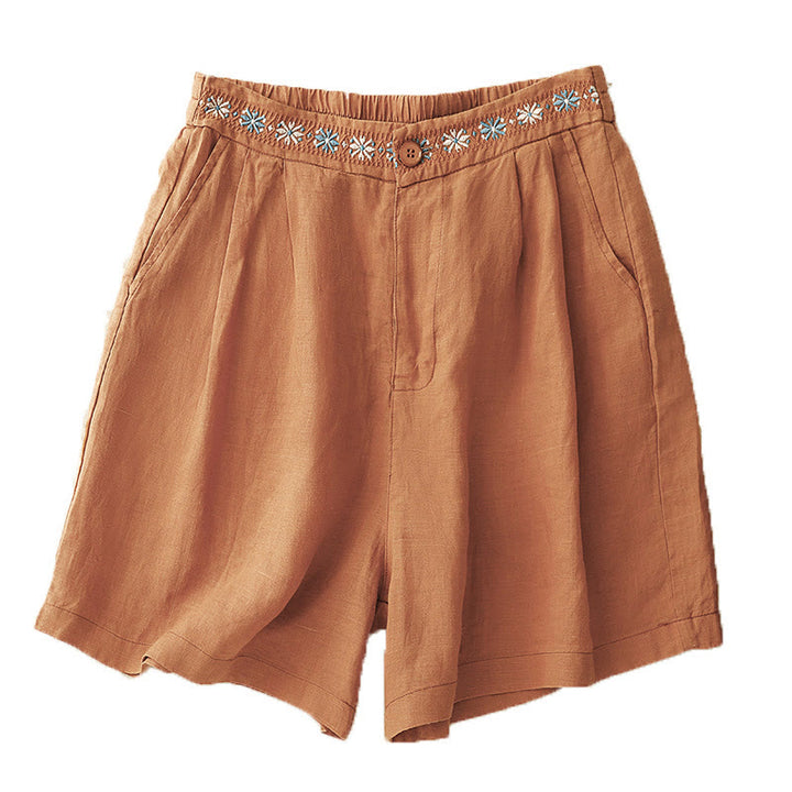 Pantalones cortos de lino y algodón con bolsillos para mujer, informales , de verano, con bordado floral, plisados, con cremallera y botones