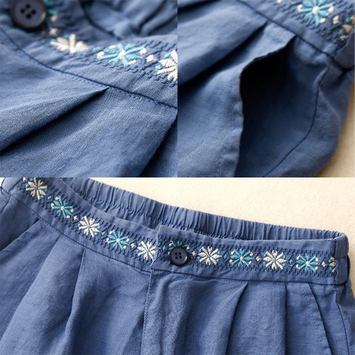 Pantalones cortos de lino y algodón con bolsillos para mujer, informales , de verano, con bordado floral, plisados, con cremallera y botones