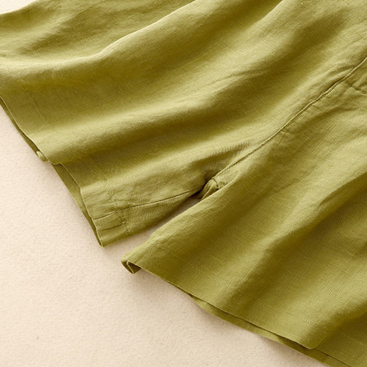 Pantalones cortos de lino y algodón con bolsillos para mujer, informales , de verano, con bordado floral, plisados, con cremallera y botones