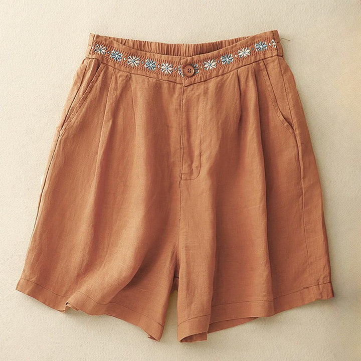 Pantalones cortos de lino y algodón con bolsillos para mujer, informales , de verano, con bordado floral, plisados, con cremallera y botones