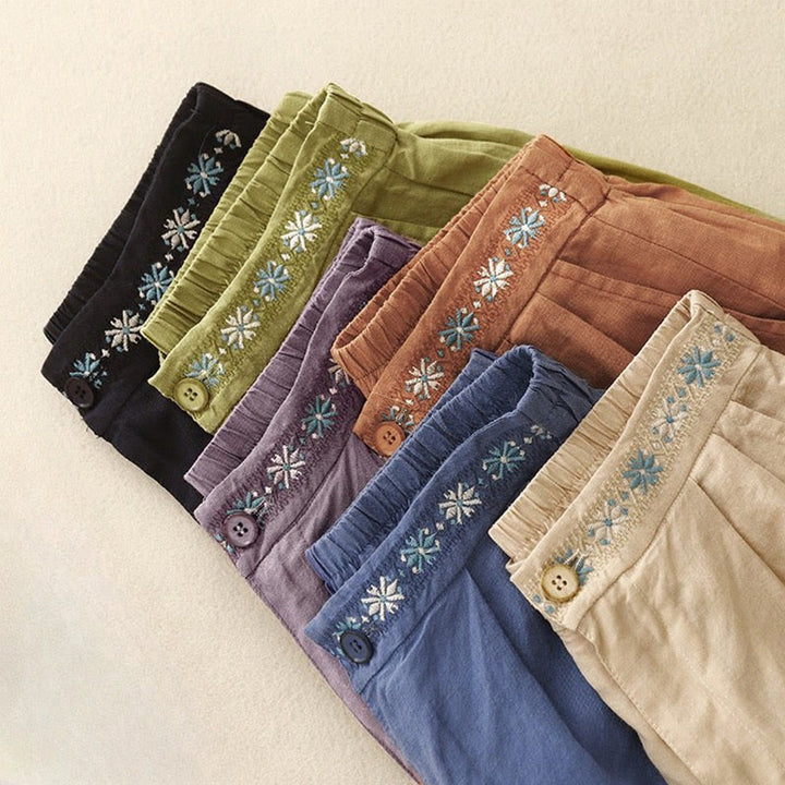 Pantalones cortos de lino y algodón con bolsillos para mujer, informales , de verano, con bordado floral, plisados, con cremallera y botones