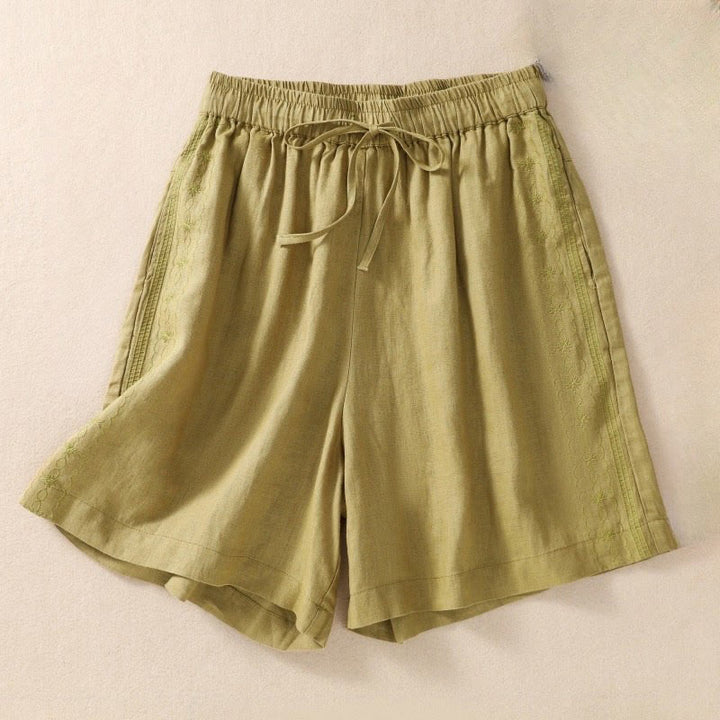 Pantalones cortos de mujer con cordón ajustable, estampado floral y bordado de Buddha Stones, con bolsillos. - Verde amarillento - US8-10，UK/AU12-14，EU40-42 (2XL) - image 15