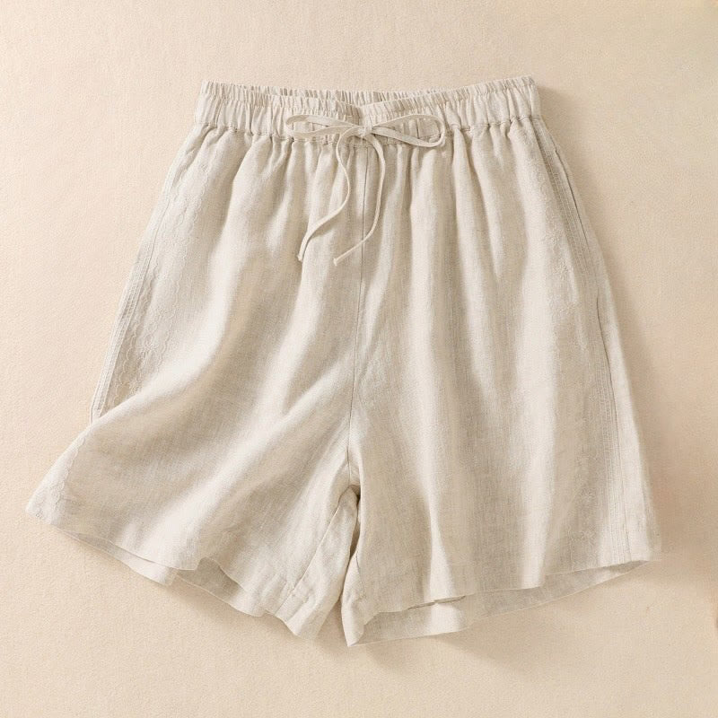 Pantalones cortos de mujer con cordón ajustable, estampado floral y bordado de Buddha Stones, con bolsillos. - Beige - US8-10，UK/AU12-14，EU40-42 (2XL) - image 9