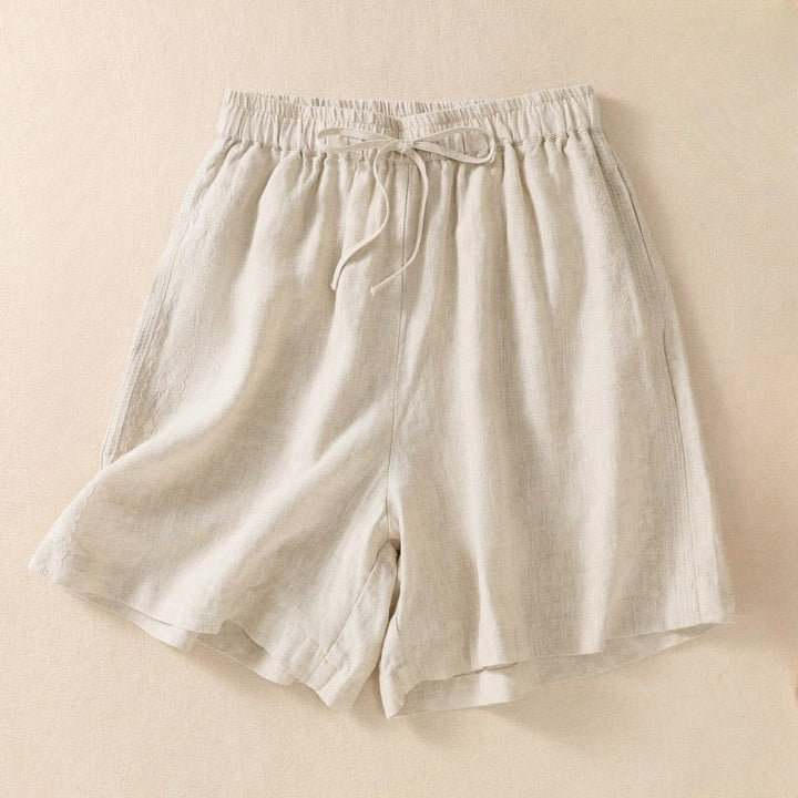 Pantalones cortos de mujer con cordón ajustable, estampado floral y bordado de Buddha Stones, con bolsillos. - Beige - US8-10，UK/AU12-14，EU40-42 (2XL) - image 9