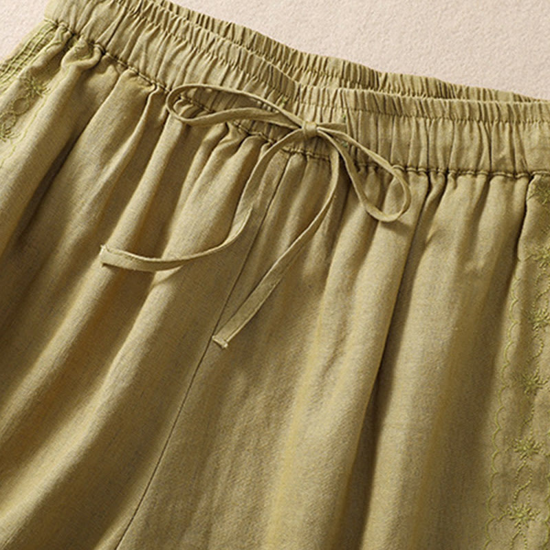 Pantalones cortos de mujer con cordón ajustable, estampado floral y bordado de Buddha Stones, con bolsillos. - image 16
