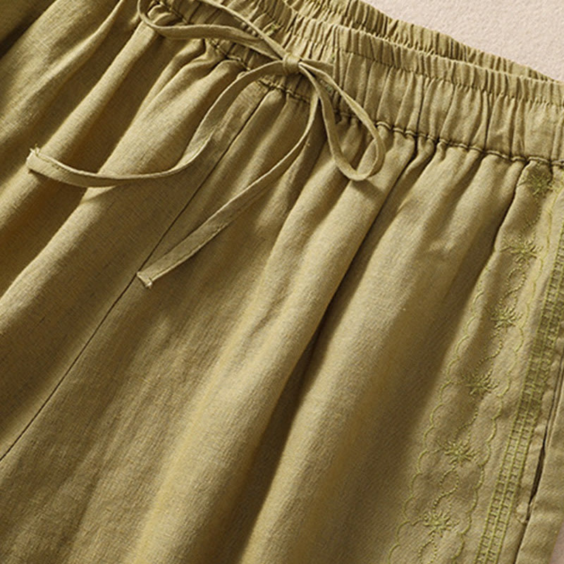 Pantalones cortos de mujer con cordón ajustable, estampado floral y bordado de Buddha Stones, con bolsillos. - image 17