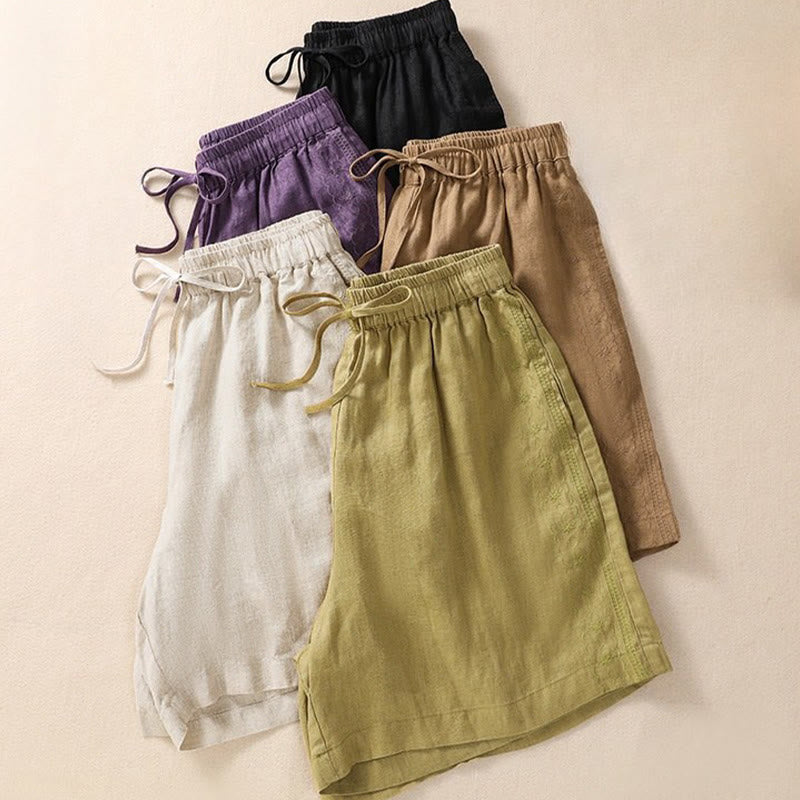 Pantalones cortos de mujer con cordón ajustable, estampado floral y bordado de Buddha Stones, con bolsillos. - image 21