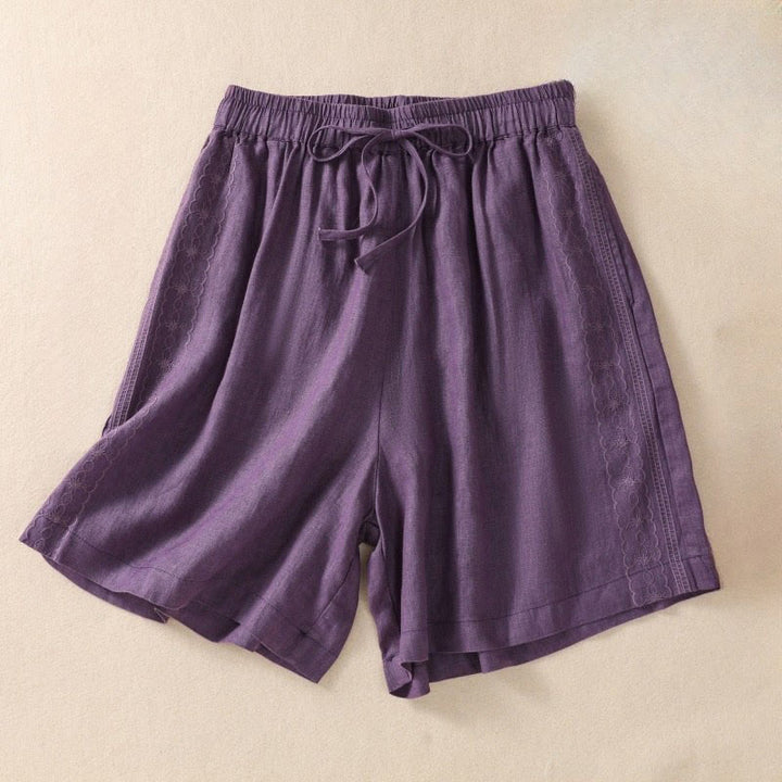 Pantalones cortos de lino y algodón con cordón ajustable y estampado floral con Buddha Stones para mujer, con bolsillos - Magenta oscuro - US8-10，UK/AU12-14，EU40-42 (2XL) - image 1
