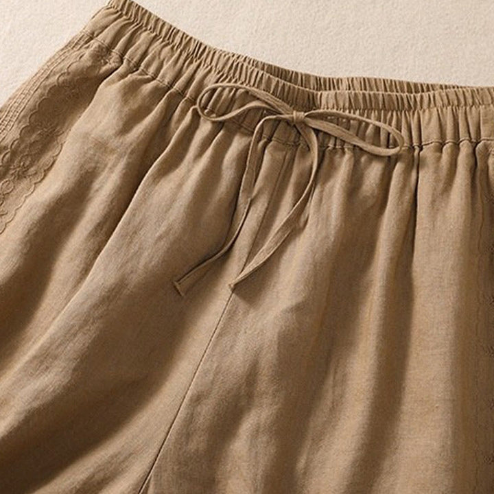 Pantalones cortos de mujer con cordón ajustable, estampado floral y bordado de Buddha Stones, con bolsillos. - image 8