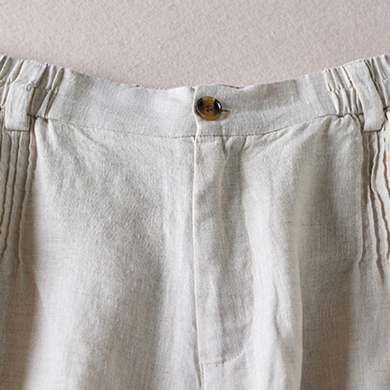 Pantalones cortos de lino y algodón con diseño arrugado sencillo de verano para mujer con bolsillos y Buddha Stones