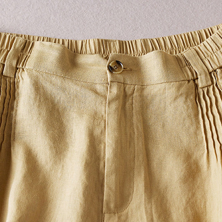Pantalones cortos de lino y algodón con diseño arrugado sencillo de verano para mujer con bolsillos y Buddha Stones