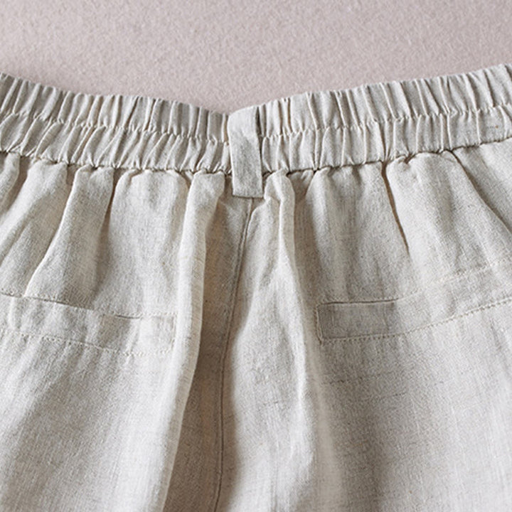 Pantalones cortos de lino y algodón con diseño arrugado sencillo de verano para mujer con bolsillos y Buddha Stones