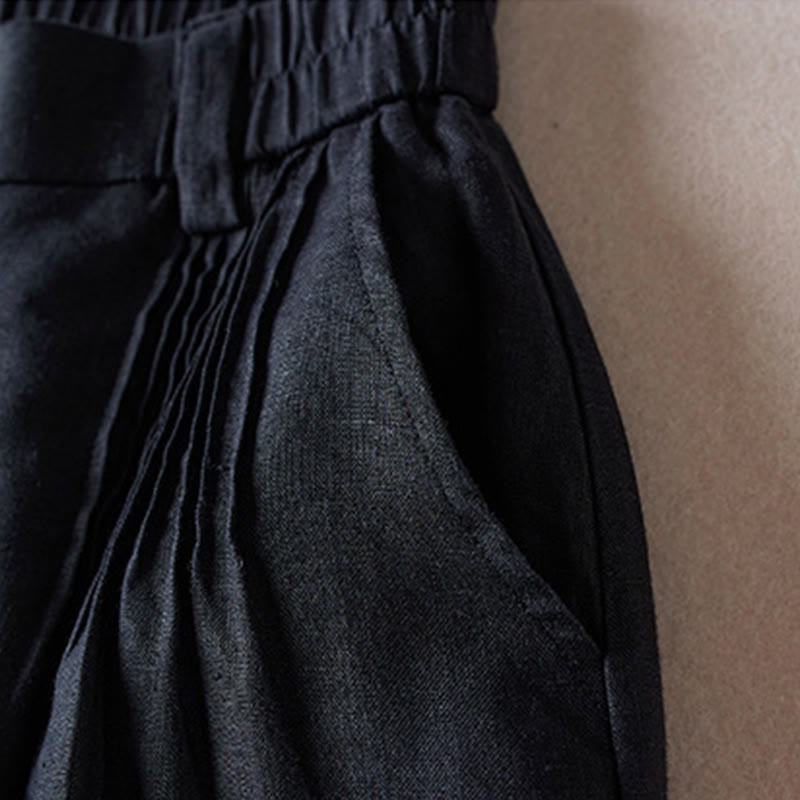 Pantalones cortos de lino y algodón con diseño arrugado sencillo de verano para mujer con bolsillos y Buddha Stones