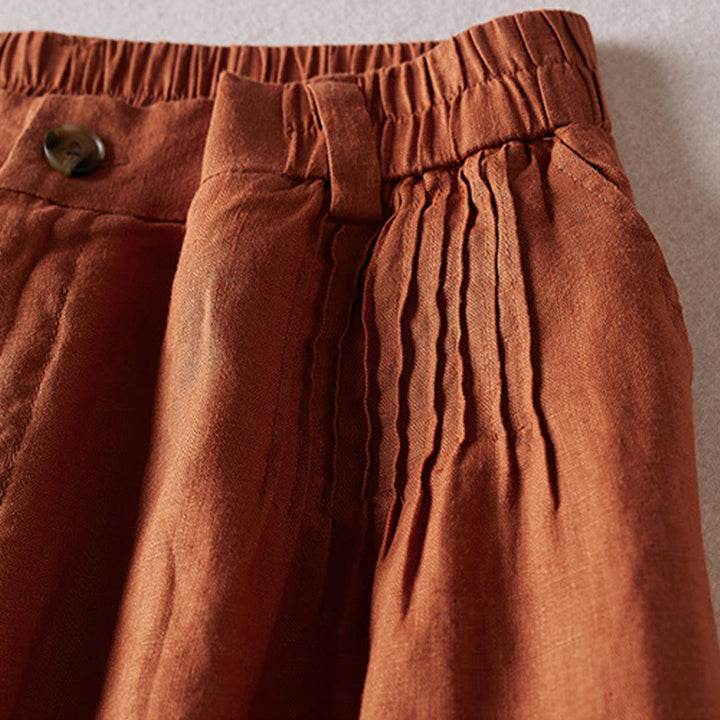 Pantalones cortos de lino y algodón con diseño arrugado sencillo de verano para mujer con bolsillos y Buddha Stones