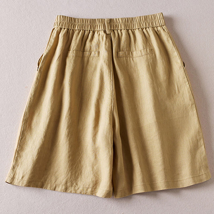 Pantalones cortos de lino y algodón con diseño arrugado sencillo de verano para mujer con bolsillos y Buddha Stones