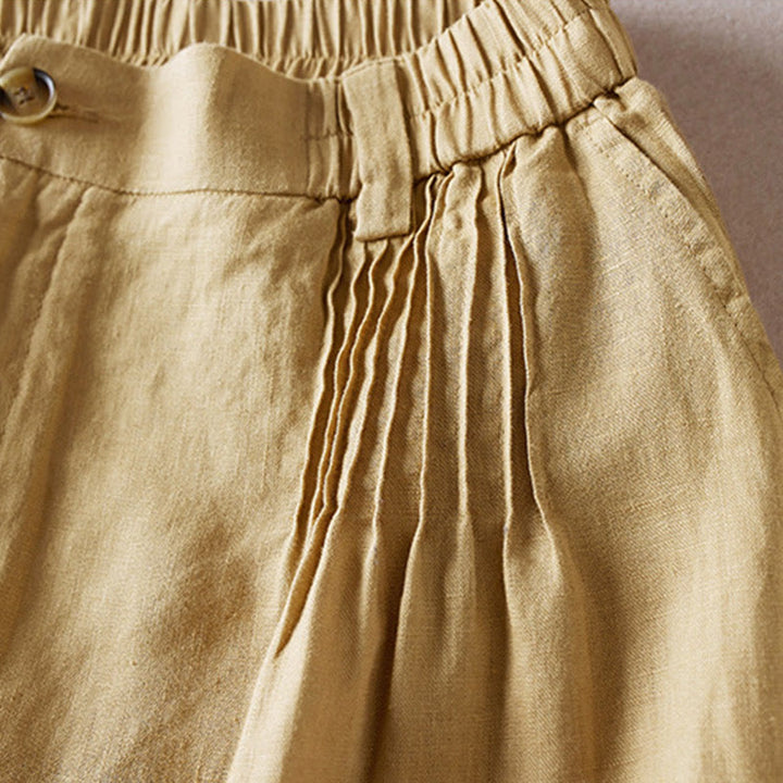 Pantalones cortos de lino y algodón con diseño arrugado sencillo de verano para mujer con bolsillos y Buddha Stones
