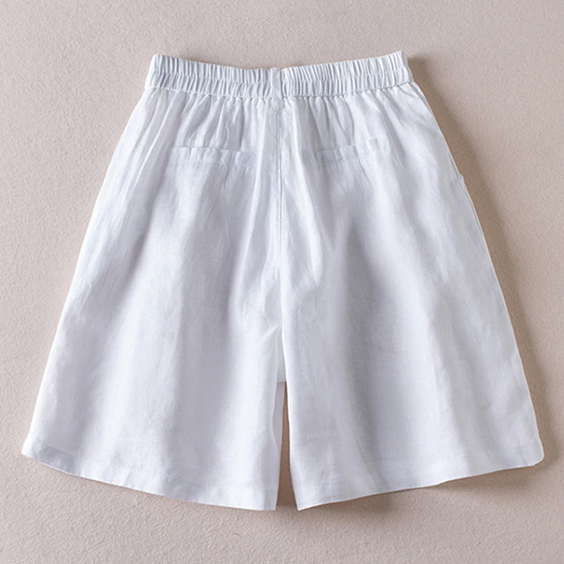 Pantalones cortos de lino y algodón con diseño arrugado sencillo de verano para mujer con bolsillos y Buddha Stones