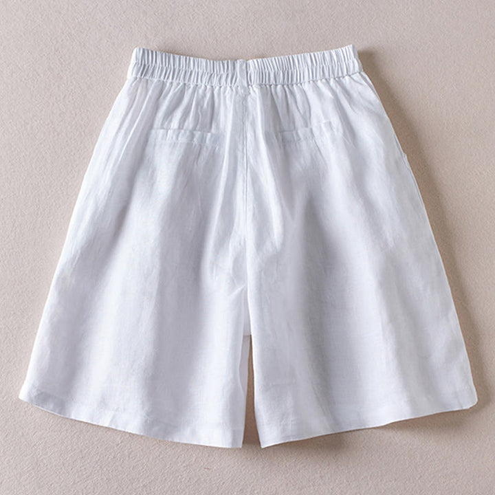 Pantalones cortos de lino y algodón con diseño arrugado sencillo de verano para mujer con bolsillos y Buddha Stones