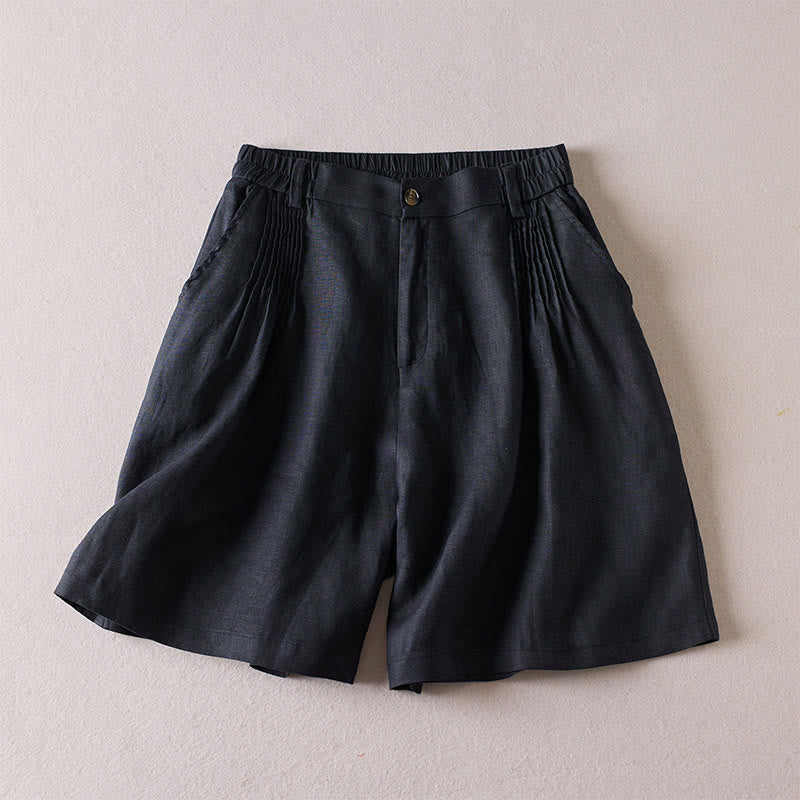 Pantalones cortos de lino y algodón con diseño arrugado sencillo de verano para mujer con bolsillos y Buddha Stones