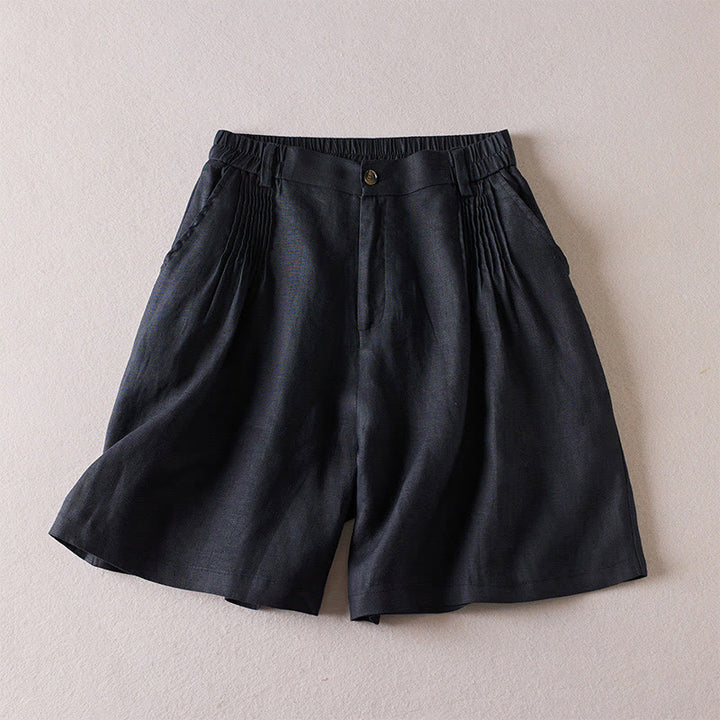 Pantalones cortos de lino y algodón con diseño arrugado sencillo de verano para mujer con bolsillos y Buddha Stones