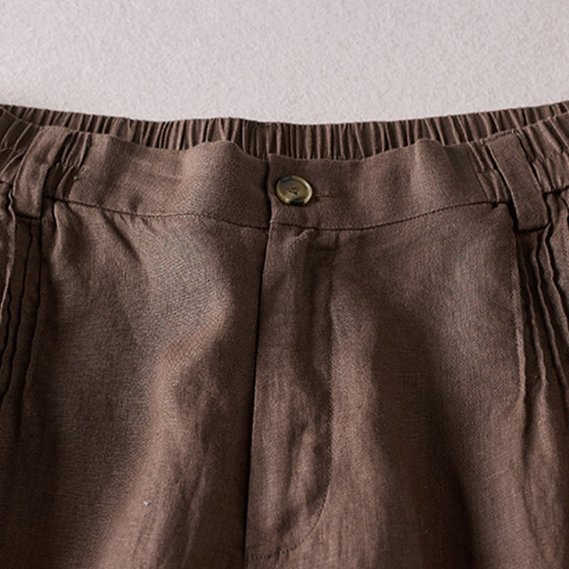 Pantalones cortos de lino y algodón con diseño arrugado sencillo de verano para mujer con bolsillos y Buddha Stones