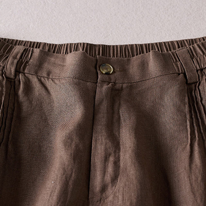 Pantalones cortos de lino y algodón con diseño arrugado sencillo de verano para mujer con bolsillos y Buddha Stones