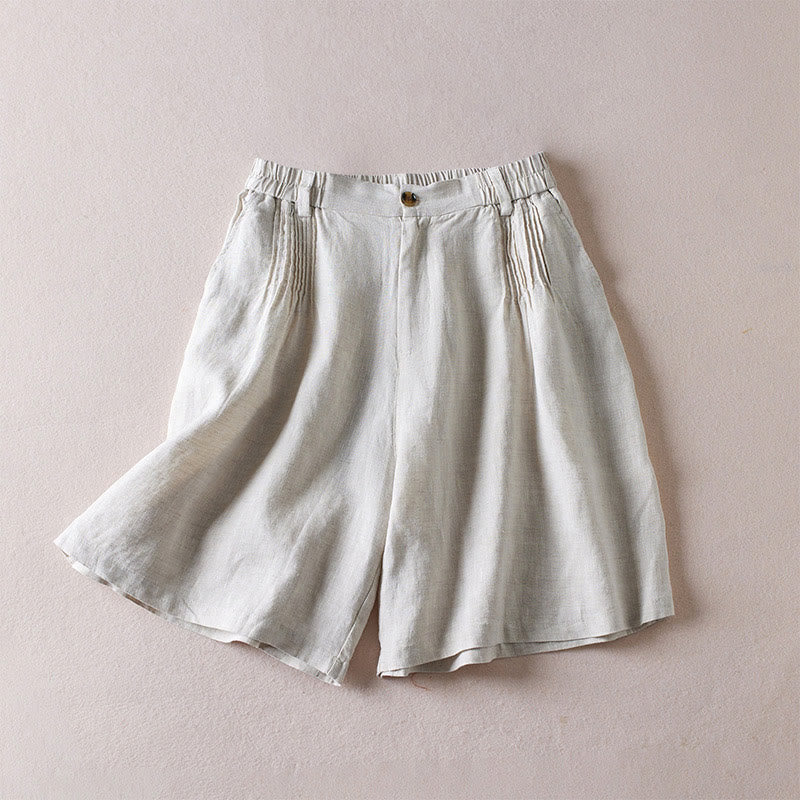 Pantalones cortos de lino y algodón con diseño arrugado sencillo de verano para mujer con bolsillos y Buddha Stones