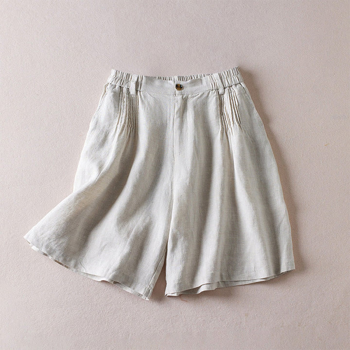 Pantalones cortos de lino y algodón con diseño arrugado sencillo de verano para mujer con bolsillos y Buddha Stones