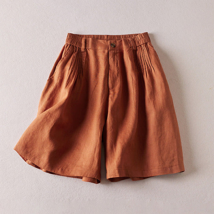 Pantalones cortos de lino y algodón con diseño arrugado sencillo de verano para mujer con bolsillos y Buddha Stones
