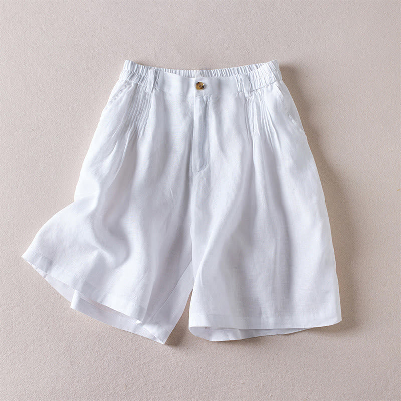 Pantalones cortos de lino y algodón con diseño arrugado sencillo de verano para mujer con bolsillos y Buddha Stones