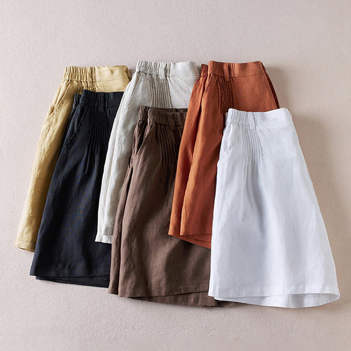 Pantalones cortos de lino y algodón con diseño arrugado sencillo de verano para mujer con bolsillos y Buddha Stones