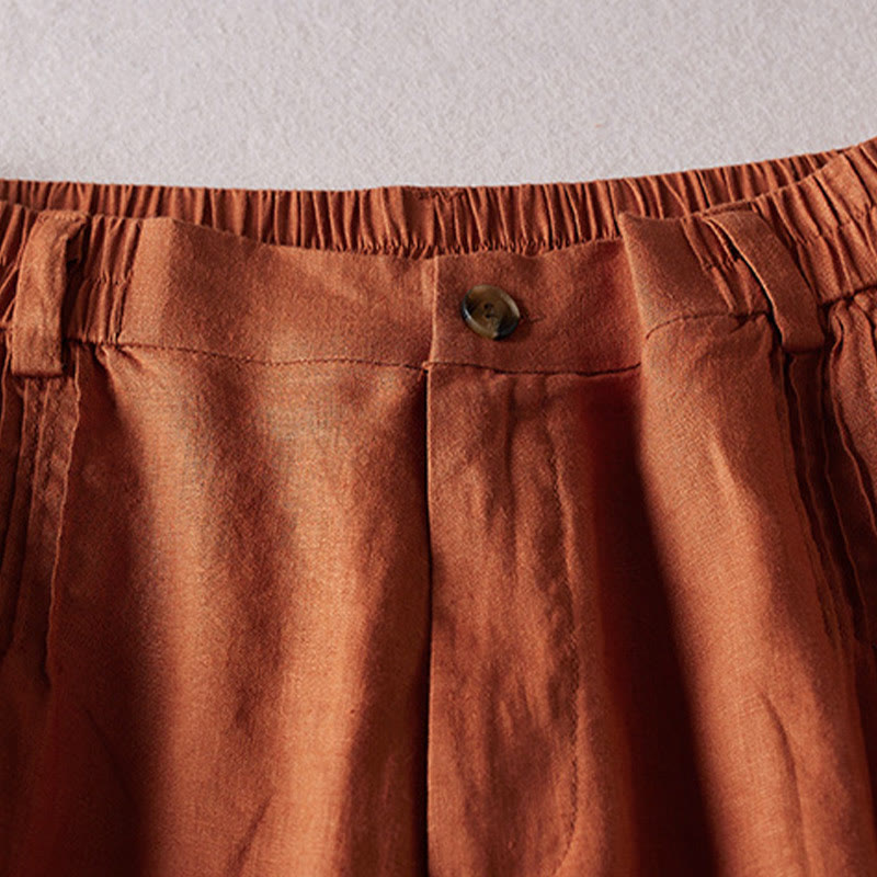 Pantalones cortos de lino y algodón con diseño arrugado sencillo de verano para mujer con bolsillos y Buddha Stones