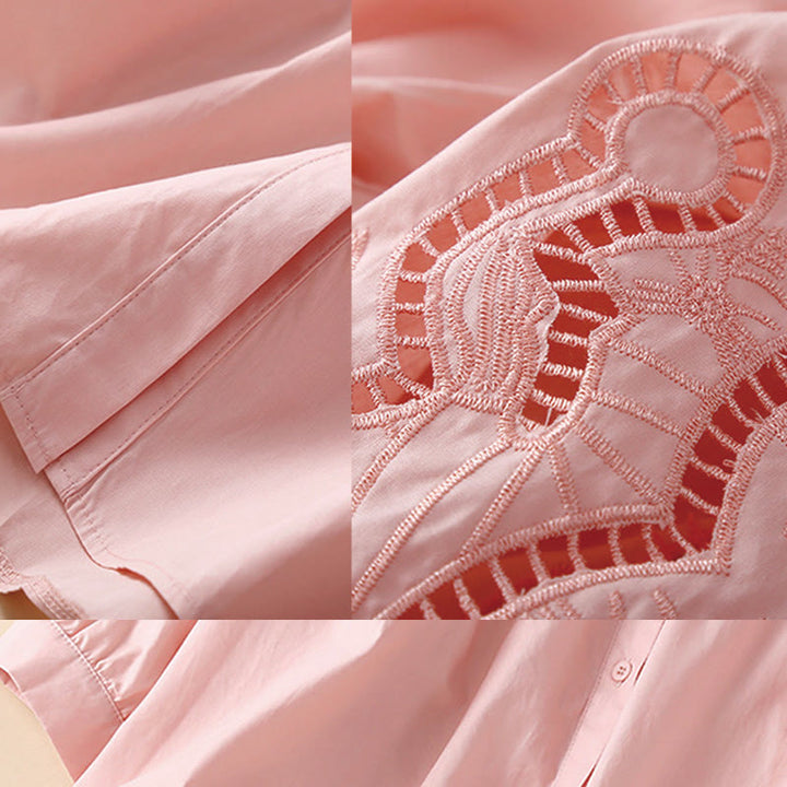 Camisa de Buddha Stones y algodón para mujer, informal, con bordado de flores y agujeros, de manga tres cuartos - image 6