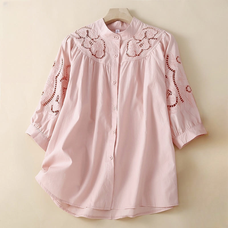 Camisa de Buddha Stones y algodón para mujer, informal, con bordado de flores y agujeros, de manga tres cuartos - Rosa claro - US12, UK/AU16, EU44 (3XL) - image 0