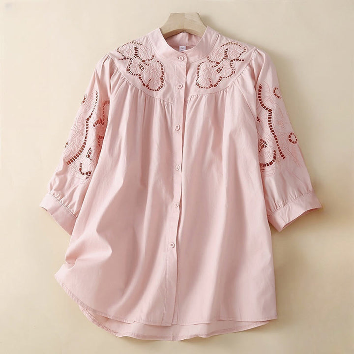 Camisa de Buddha Stones y algodón para mujer, informal, con bordado de flores y agujeros, de manga tres cuartos - Rosa claro - US12, UK/AU16, EU44 (3XL) - image 0