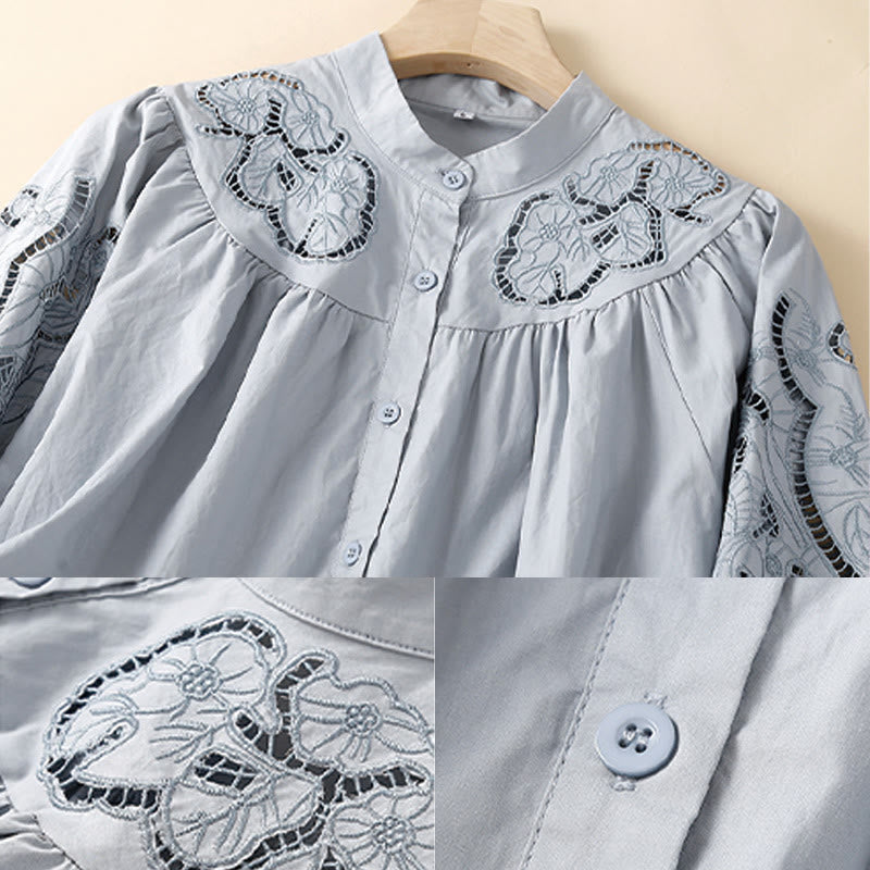 Camisa de Buddha Stones y algodón para mujer, informal, con bordado de flores y agujeros, de manga tres cuartos - image 11