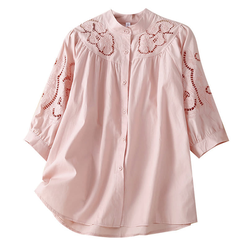 Camisa de Buddha Stones y algodón para mujer, informal, con bordado de flores y agujeros, de manga tres cuartos - image 7