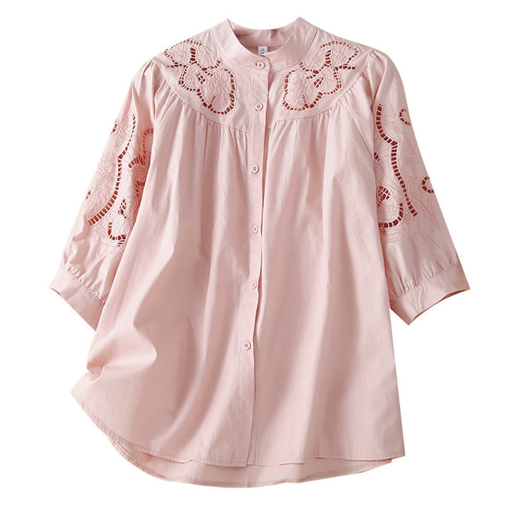 Camisa de Buddha Stones y algodón para mujer, informal, con bordado de flores y agujeros, de manga tres cuartos - image 7