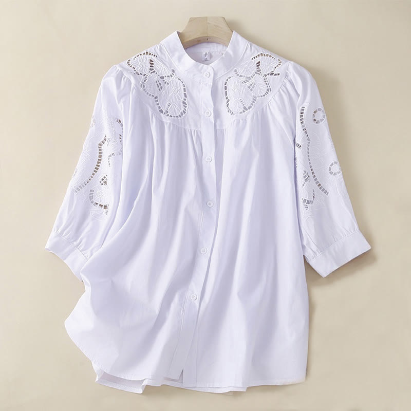 Camisa de Buddha Stones y algodón para mujer, informal, con bordado de flores y agujeros, de manga tres cuartos - Blanco - US12, UK/AU16, EU44 (3XL) - image 12