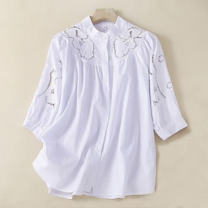 Camisa de Buddha Stones y algodón para mujer, informal, con bordado de flores y agujeros, de manga tres cuartos - Blanco - US12, UK/AU16, EU44 (3XL) - image 12