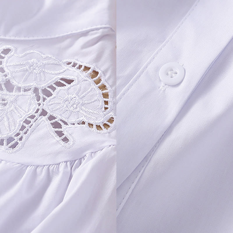 Camisa de Buddha Stones y algodón para mujer, informal, con bordado de flores y agujeros, de manga tres cuartos - image 14