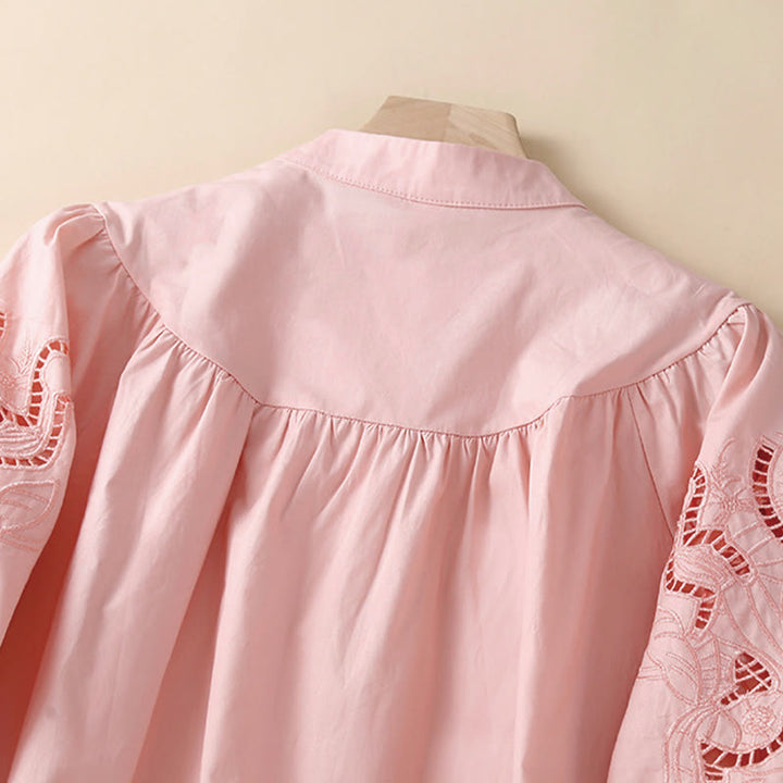 Camisa de Buddha Stones y algodón para mujer, informal, con bordado de flores y agujeros, de manga tres cuartos - image 2