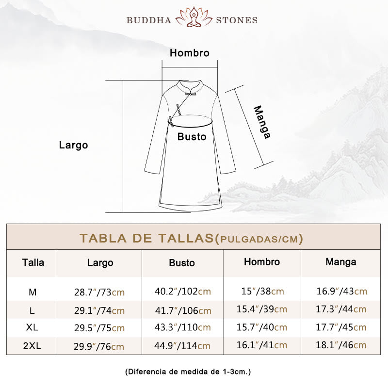 Camisa de lino y algodón de doble capa con manga tres cuartos y botones de rana de color liso con Buddha Stones - image 6