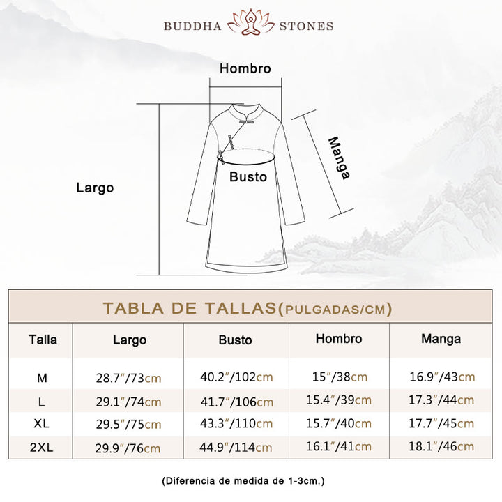 Camisa de lino y algodón de doble capa con manga tres cuartos y botones de rana de color liso con Buddha Stones - image 6